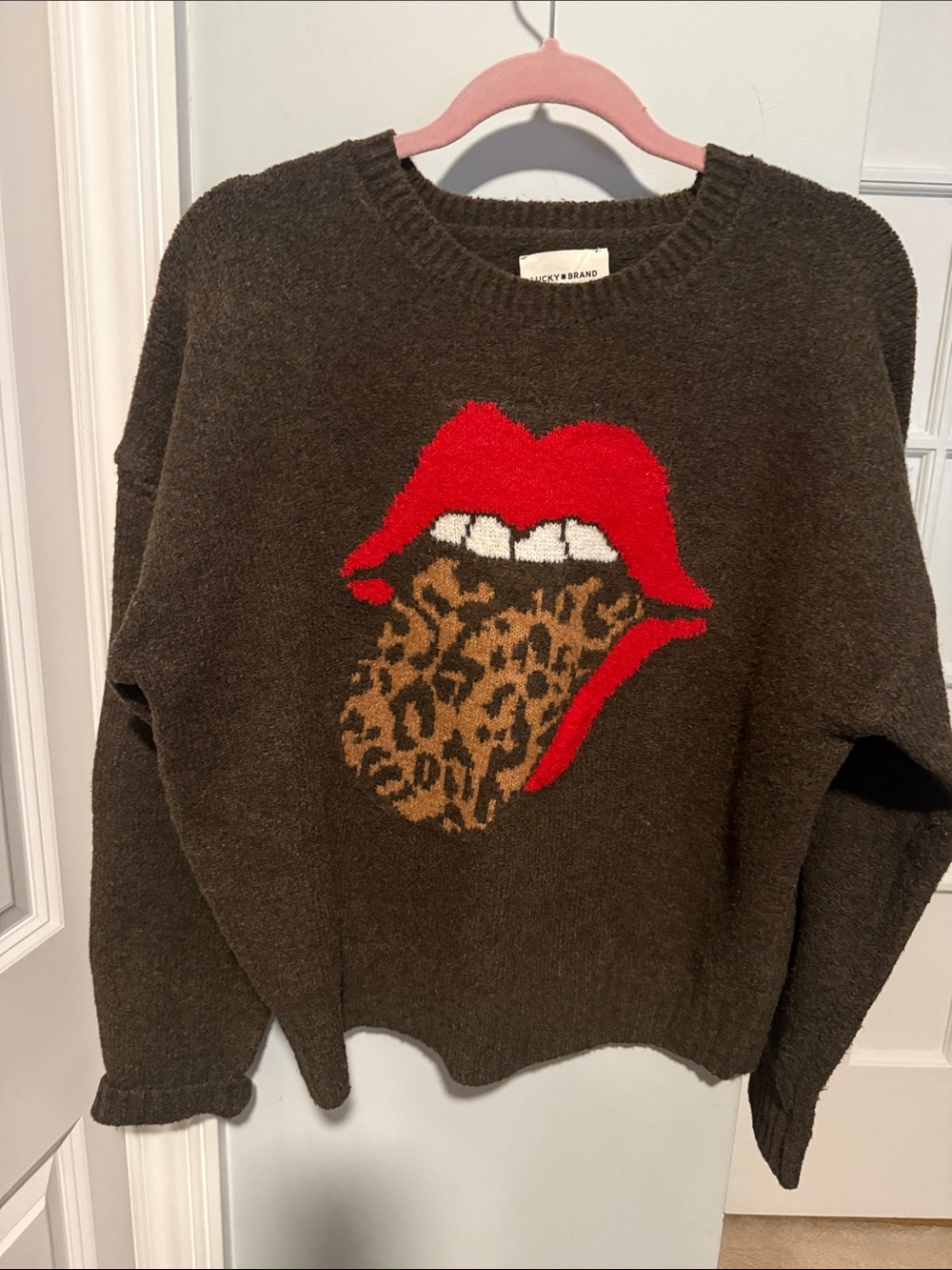 Lucky Brand Brown Crewneck Sweater with Red Lip & Leopard Tongue Graphic
